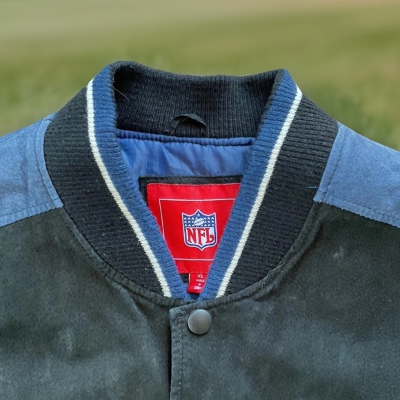 NFL Dallas Cowboys Unisex L Black Blue Suede Leather Lined Varsity Jacket Coat - Picture 2 of 16